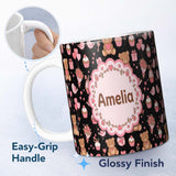 Personalized Custom Name Cute Teddy Bears Gifts Hearts Black Background Seamless Pattern Name 11oz Ceramic Coffee Tea Mug White Large Handle