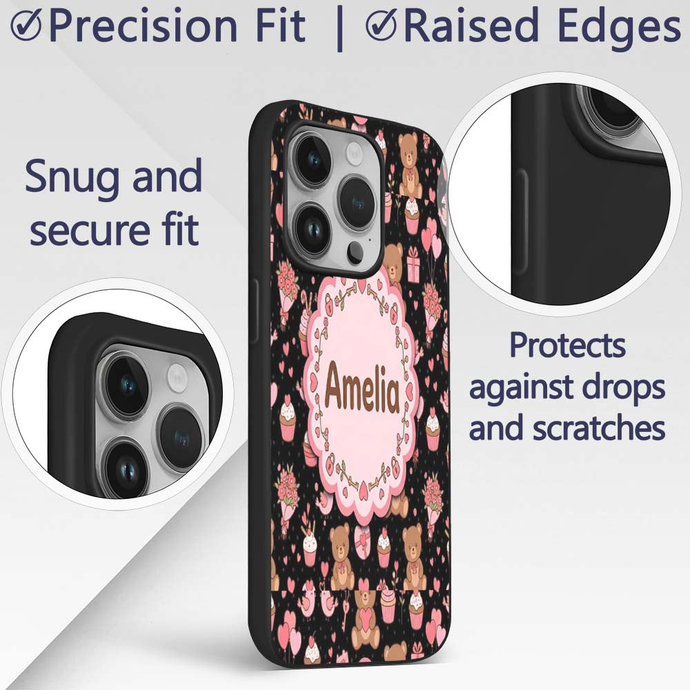 Cute Teddy Bears Gifts Hearts Black Background Custom Name Protective Phone Case Mobile Cover Durable Everyday Smartphone Shock Resistant