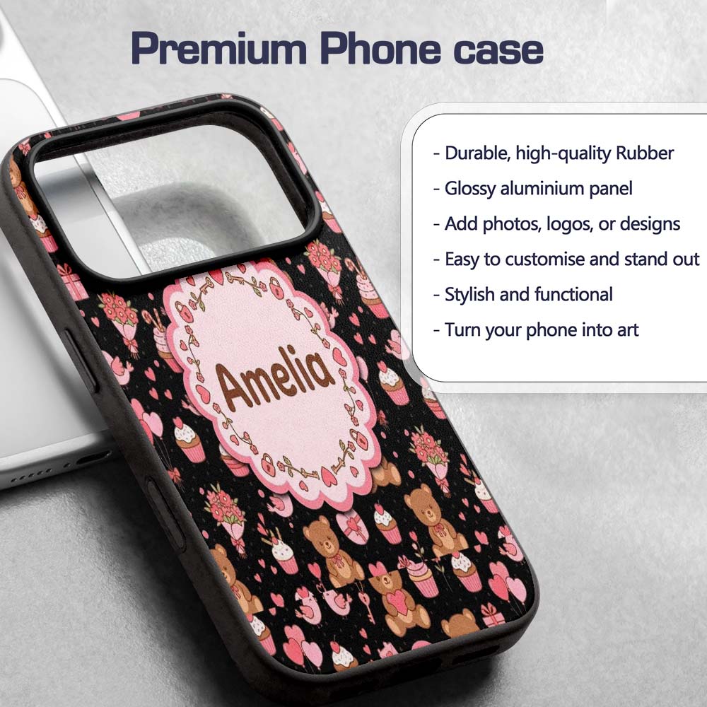 Cute Teddy Bears Gifts Hearts Black Background Custom Name Protective Phone Case Mobile Cover Durable Everyday Smartphone Shock Resistant