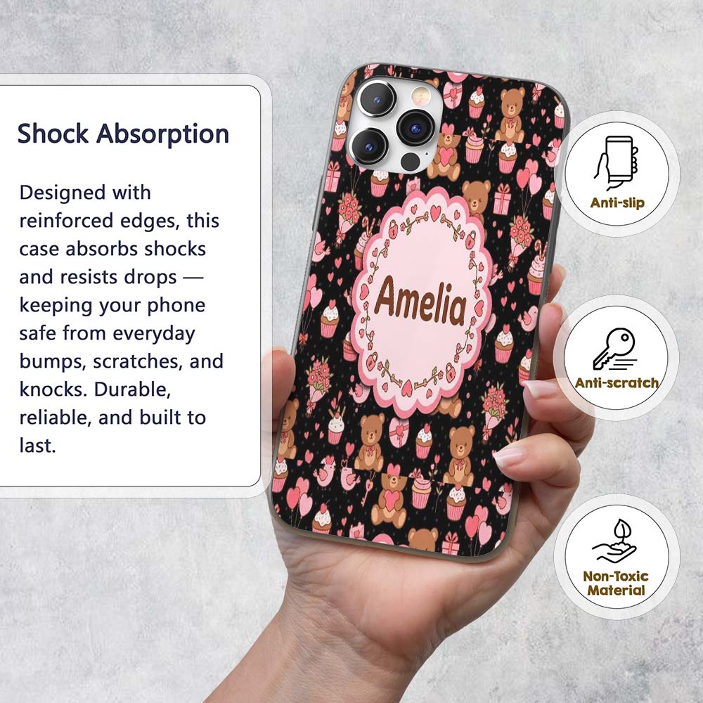 Cute Teddy Bears Gifts Hearts Black Background Custom Name Protective Phone Case Mobile Cover Durable Everyday Smartphone Shock Resistant