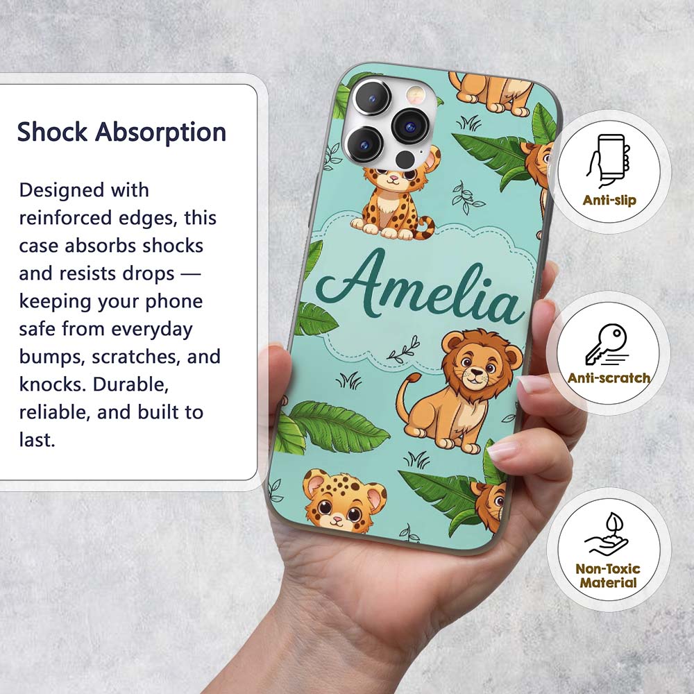 Cute Jungle Animals Lion Tiger Printed Design Custom Name Protective Phone Case Mobile Cover Durable Everyday Smartphone Shock Resistant
