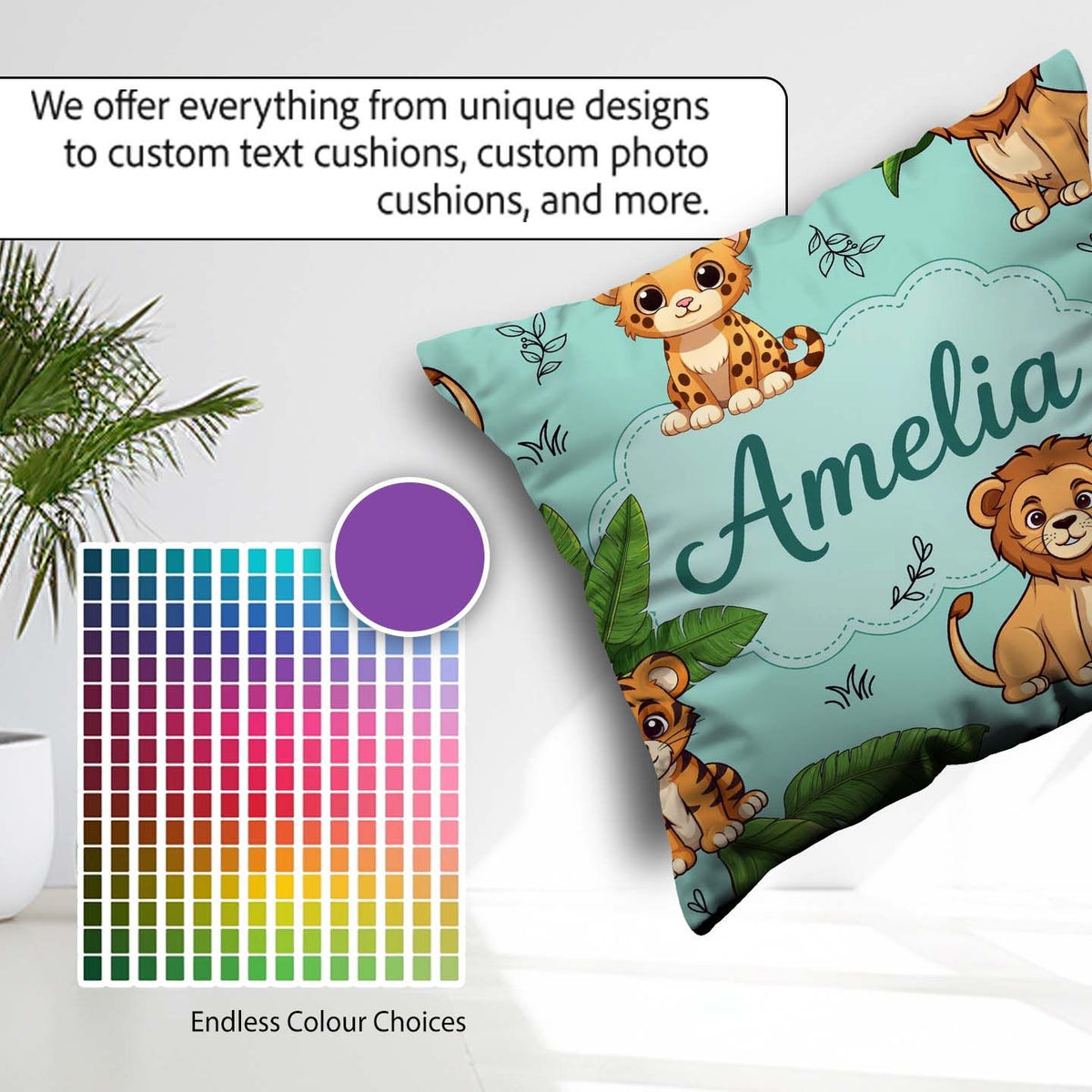 Custom Name Cute Jungle Animals Lion Tiger Leopard Teal Tropical Square Filled Cushion Throw Pillow Sofa Bed Home Decor Zip Washable UK Made