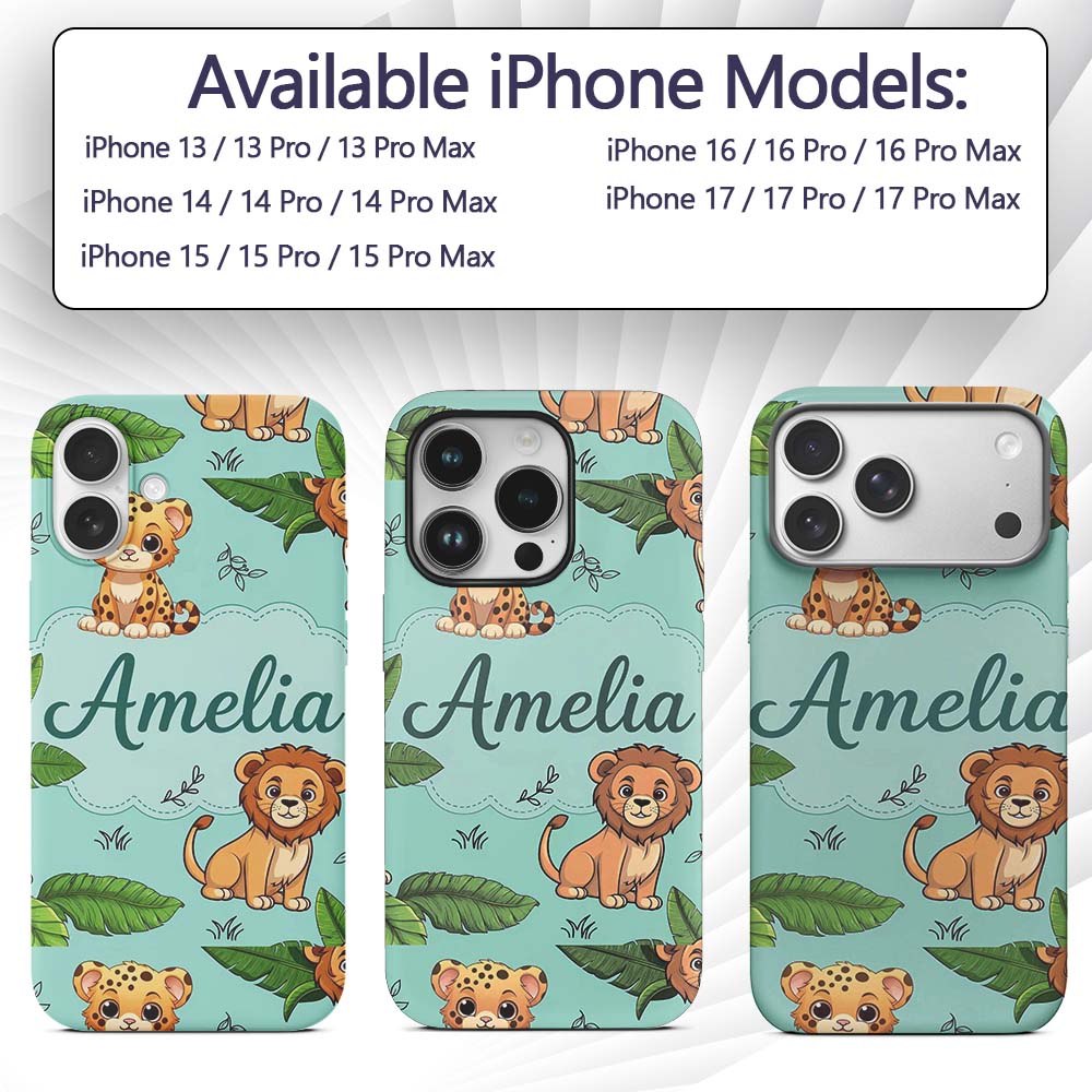 Cute Jungle Animals Lion Tiger Printed Design Custom Name Protective Phone Case Mobile Cover Durable Everyday Smartphone Shock Resistant