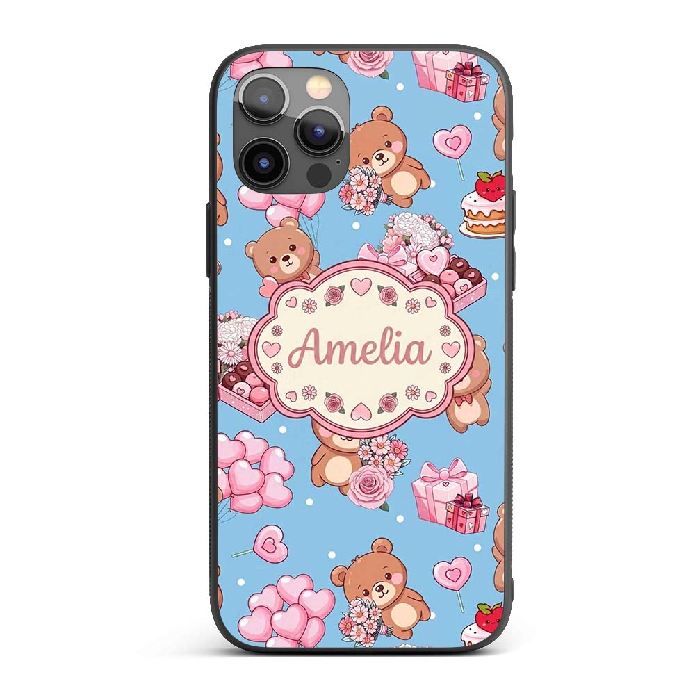 Cute Teddy Bears Gifts Hearts Blue Background Custom Name Protective Phone Case Mobile Cover Durable Everyday Smartphone Shock Resistant