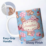 Personalized Custom Name Cute Teddy Bears Gifts Hearts Blue Background Seamless Pattern 11oz Ceramic Coffee Tea Mug White Large Handle