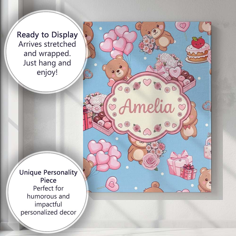 Personalised Name Cute Teddy Bears Gifts Custom  Unique Gift Idea Elegant Feature Canvas Wall Art Print Decor Picture Ready to Hang
