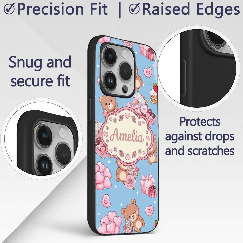 Cute Teddy Bears Gifts Hearts Blue Background Custom Name Protective Phone Case Mobile Cover Durable Everyday Smartphone Shock Resistant