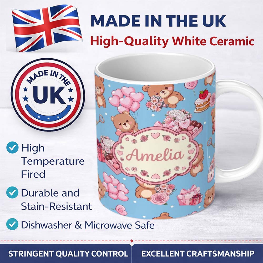 Personalized Custom Name Cute Teddy Bears Gifts Hearts Blue Background Seamless Pattern 11oz Ceramic Coffee Tea Mug White Large Handle