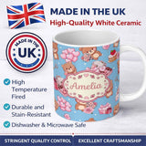 Personalized Custom Name Cute Teddy Bears Gifts Hearts Blue Background Seamless Pattern 11oz Ceramic Coffee Tea Mug White Large Handle