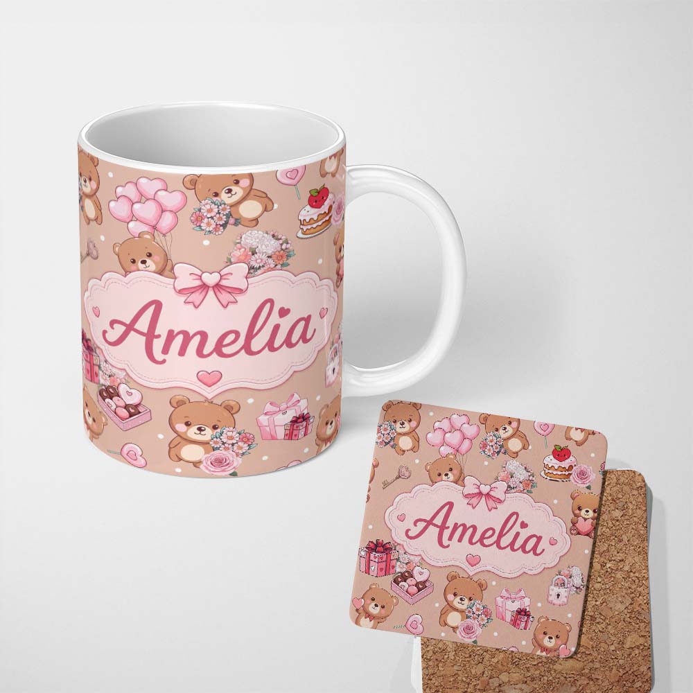 Personalized Custom Name Cute Teddy Bears Gifts Hearts Brown Background Seamless Pattern Name 11oz Ceramic Coffee Tea Mug White Large Handle
