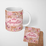 Personalized Custom Name Cute Teddy Bears Gifts Hearts Brown Background Seamless Pattern Name 11oz Ceramic Coffee Tea Mug White Large Handle