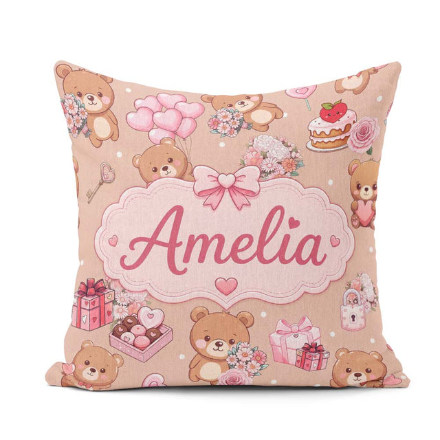 Custom Name Teddy Bears Gifts Hearts Brown Seamless Pattern Name Square Filled Cushion Throw Pillow Sofa Bed Home Decor Zip Washable UK Made