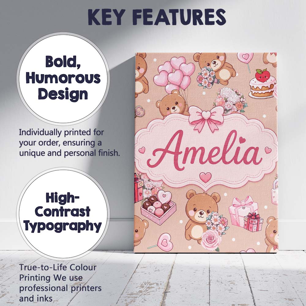 Personalised Name Cute Teddy Bears Gifts Custom  Unique Gift Idea Elegant Feature Canvas Wall Art Print Decor Picture Ready to Hang