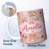 Personalized Custom Name Cute Teddy Bears Gifts Hearts Brown Background Seamless Pattern Name 11oz Ceramic Coffee Tea Mug White Large Handle