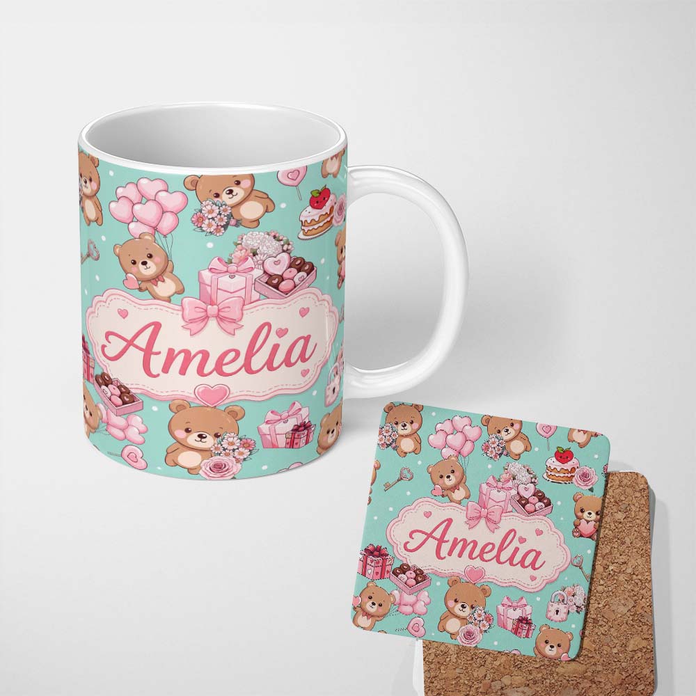 Personalized Custom Name Cute Teddy Bears Gifts Hearts Mint Background Seamless Pattern 11oz Ceramic Coffee Tea Mug White Large Handle