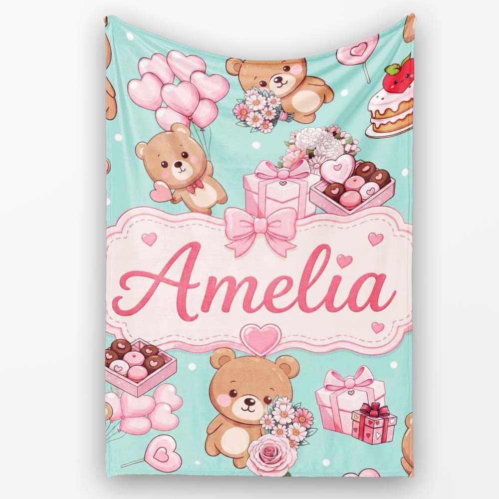 Cute Teddy Bears Gifts Hearts Mint Background Seamless Pattern  Personalised Custom Name Super Soft Fleece Blanket Bed Sofa Throw