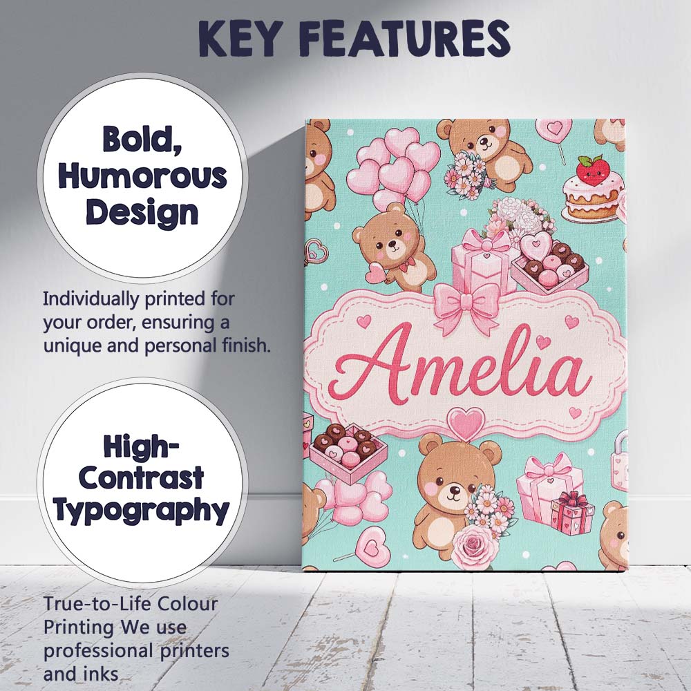 Personalised Name Cute Teddy Bears Gifts Custom  Unique Gift Idea Elegant Feature Canvas Wall Art Print Decor Picture Ready to Hang