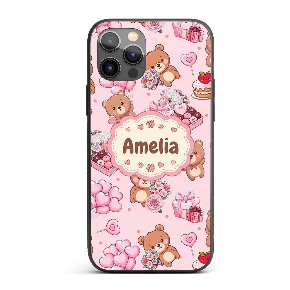 Cute Teddy Bears Gifts Hearts Light Pink Seamless Custom Name Protective Phone Case Mobile Cover Durable Everyday Smartphone Shock Resistant