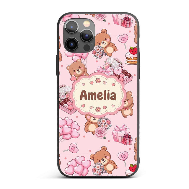Cute Teddy Bears Gifts Hearts Light Pink Seamless Custom Name Protective Phone Case Mobile Cover Durable Everyday Smartphone Shock Resistant