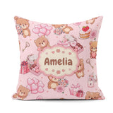 Custom Name Teddy Bears Gifts Hearts Light Pink Seamless Pattern Square Filled Cushion Throw Pillow Sofa Bed Home Decor Zip Washable UK Made