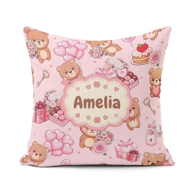 Custom Name Teddy Bears Gifts Hearts Light Pink Seamless Pattern Square Filled Cushion Throw Pillow Sofa Bed Home Decor Zip Washable UK Made
