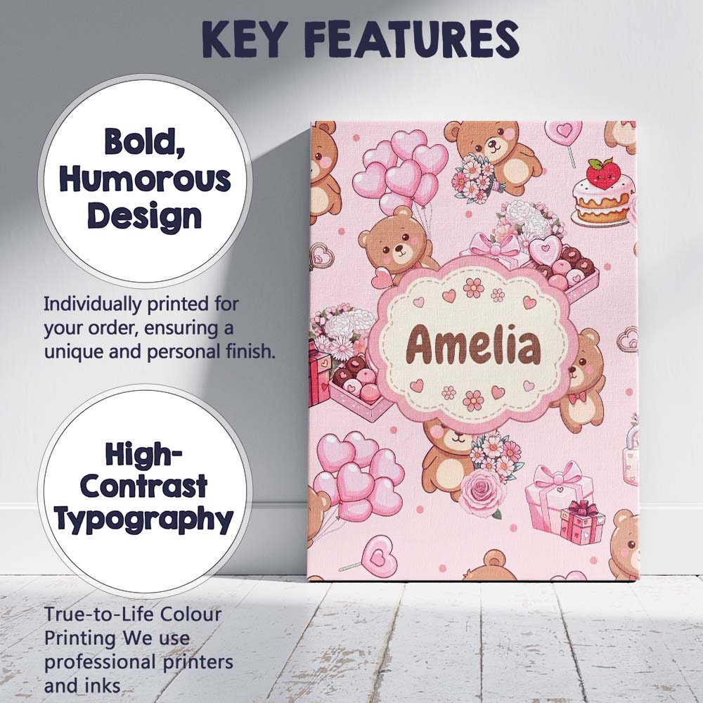 Personalised Name Cute Teddy Bears Gifts Custom  Unique Gift Idea Elegant Feature Canvas Wall Art Print Decor Picture Ready to Hang