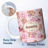 Personalized Custom Name Cute Teddy Bears Gifts Hearts Light Pink Seamless Pattern Name 11oz Ceramic Coffee Tea Mug White Large Handle