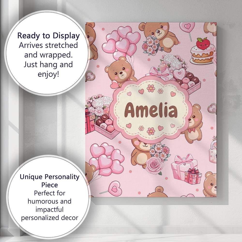 Personalised Name Cute Teddy Bears Gifts Custom  Unique Gift Idea Elegant Feature Canvas Wall Art Print Decor Picture Ready to Hang