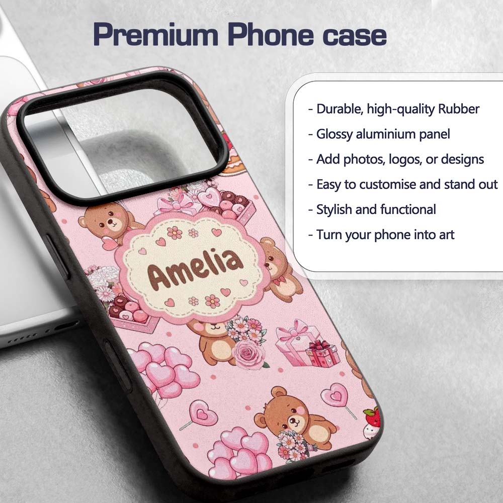 Cute Teddy Bears Gifts Hearts Light Pink Seamless Custom Name Protective Phone Case Mobile Cover Durable Everyday Smartphone Shock Resistant