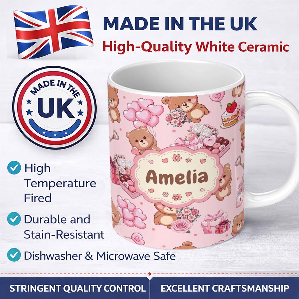 Personalized Custom Name Cute Teddy Bears Gifts Hearts Light Pink Seamless Pattern Name 11oz Ceramic Coffee Tea Mug White Large Handle