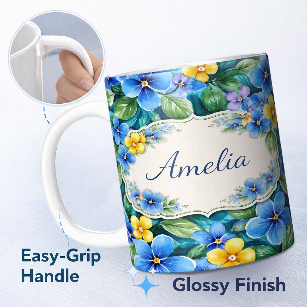 Personalized Custom Name Blue and Yellow Floral Watercolor Garden Seamless Pattern Lovely 11oz Ceramic Coffee Tea Mug White Large Handle