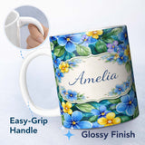 Personalized Custom Name Blue and Yellow Floral Watercolor Garden Seamless Pattern Lovely 11oz Ceramic Coffee Tea Mug White Large Handle