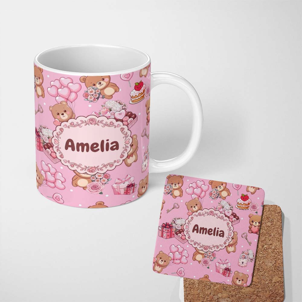 Personalized Custom Name Cute Teddy Bears Gifts Hearts Soft Pink Background Seamless Pattern 11oz Ceramic Coffee Tea Mug White Large Handle