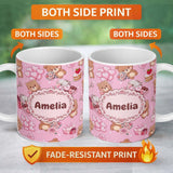 Personalized Custom Name Cute Teddy Bears Gifts Hearts Soft Pink Background Seamless Pattern 11oz Ceramic Coffee Tea Mug White Large Handle