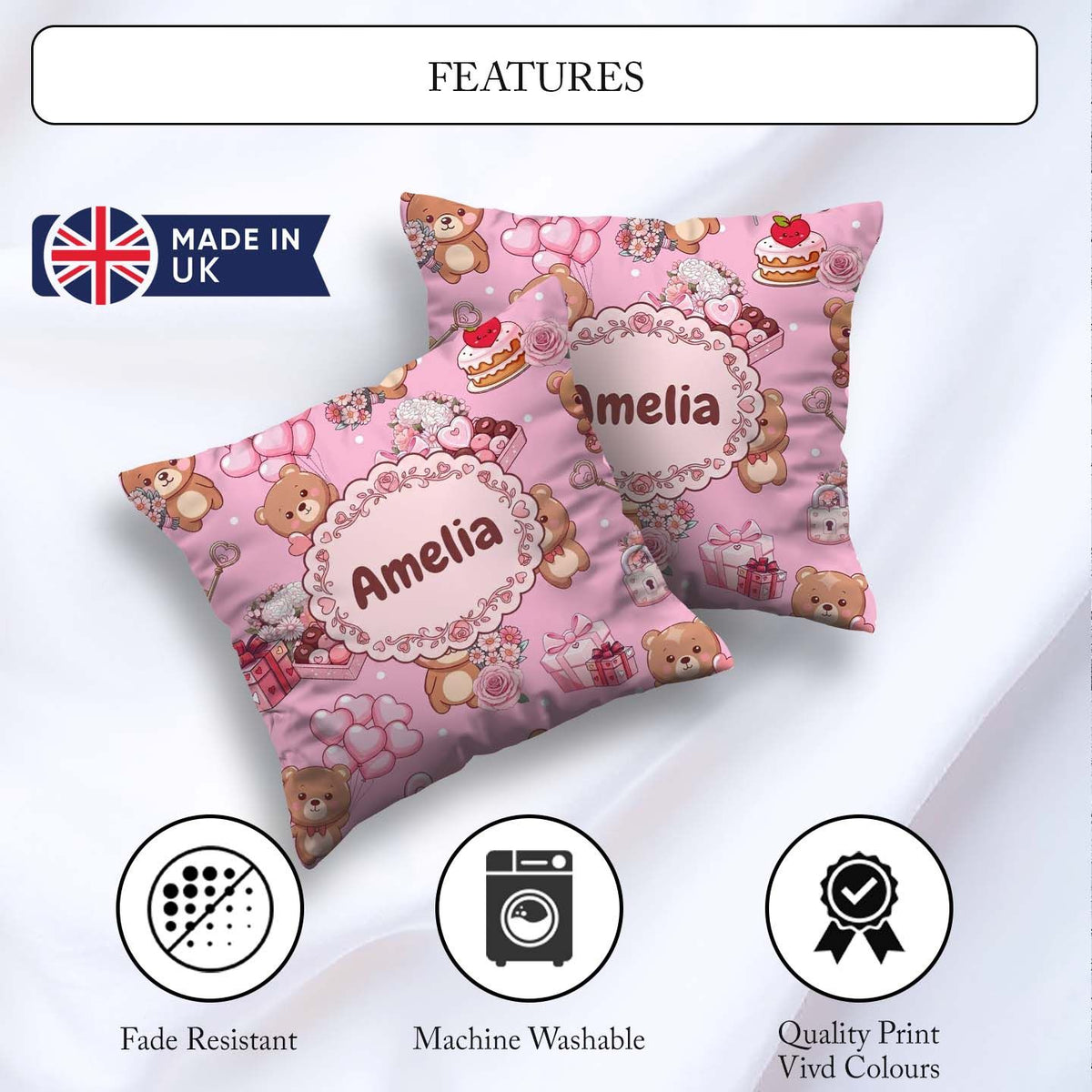 Custom Name Teddy Bears Gifts Hearts Soft Pink Seamless Pattern Square Filled Cushion Throw Pillow Sofa Bed Home Decor Zip Washable UK Made