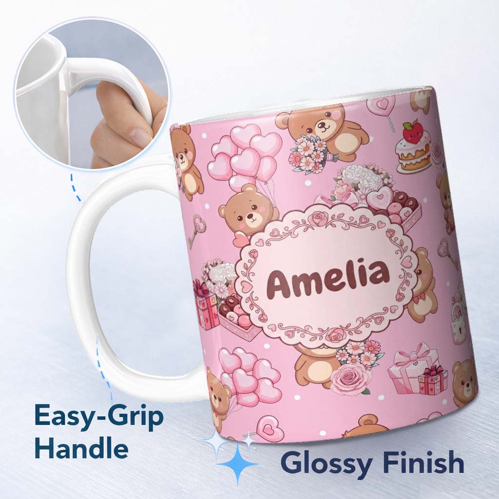Personalized Custom Name Cute Teddy Bears Gifts Hearts Soft Pink Background Seamless Pattern 11oz Ceramic Coffee Tea Mug White Large Handle