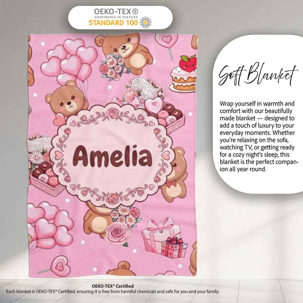 Cute Teddy Bears Gifts Hearts Soft Pink Background Seamless Pattern  Personalised Custom Name Super Soft Fleece Blanket Bed Sofa Throw