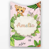 Cute Jungle Animals Lion Tiger Leopard Soft Beige Background Lovely  Personalised Custom Name Super Soft Fleece Blanket Bed Sofa Throw