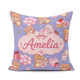 Custom Name Teddy Bear Hearts Gifts Chocolates Valentine Pattern Square Filled Cushion Throw Pillow Sofa Bed Home Decor Zip Washable UK Made