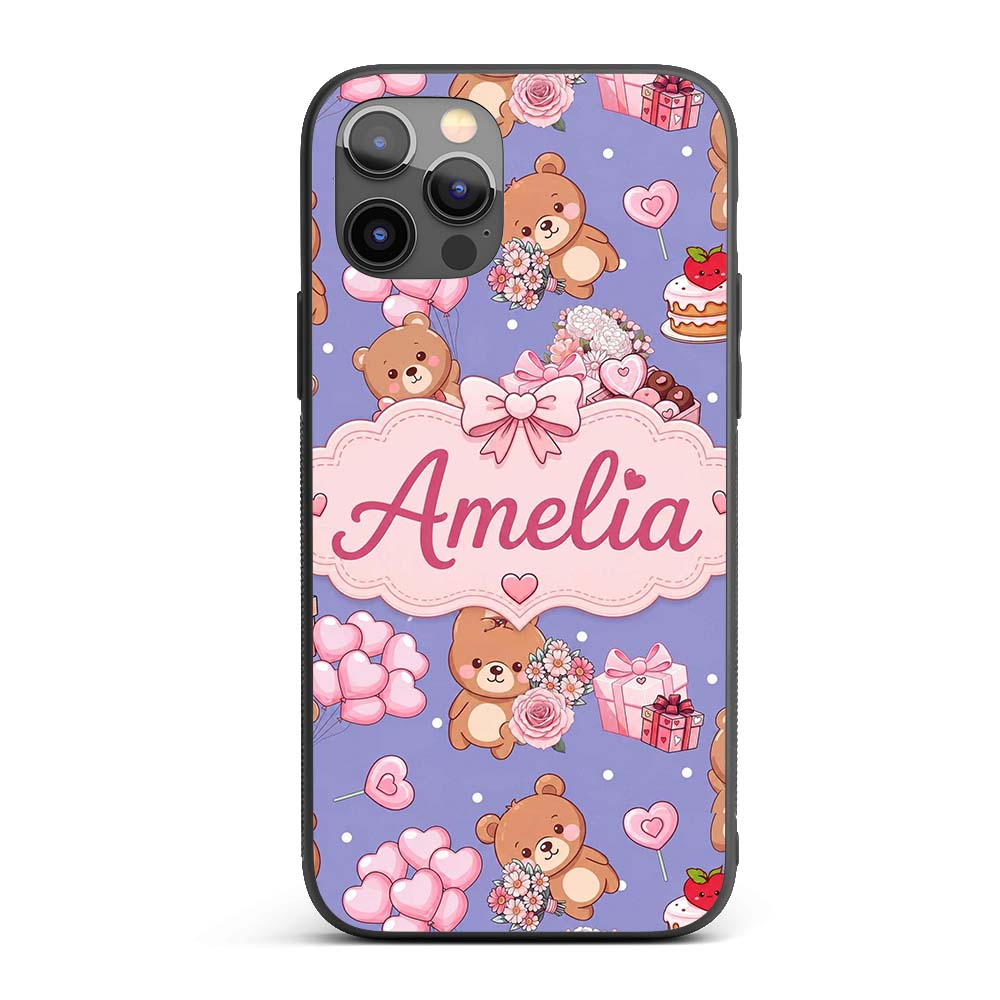 Cute Teddy Bear Hearts Gifts Chocolates Valentine Custom Name Protective Phone Case Mobile Cover Durable Everyday Smartphone Shock Resistant