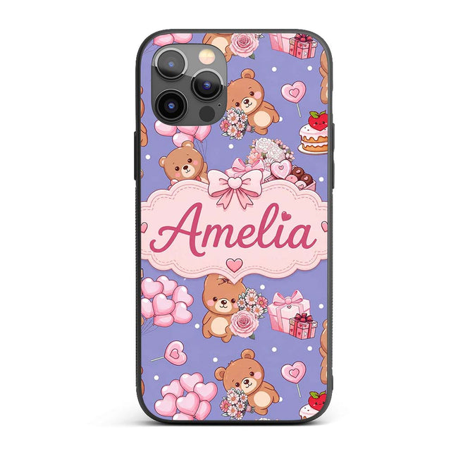 Cute Teddy Bear Hearts Gifts Chocolates Valentine Custom Name Protective Phone Case Mobile Cover Durable Everyday Smartphone Shock Resistant