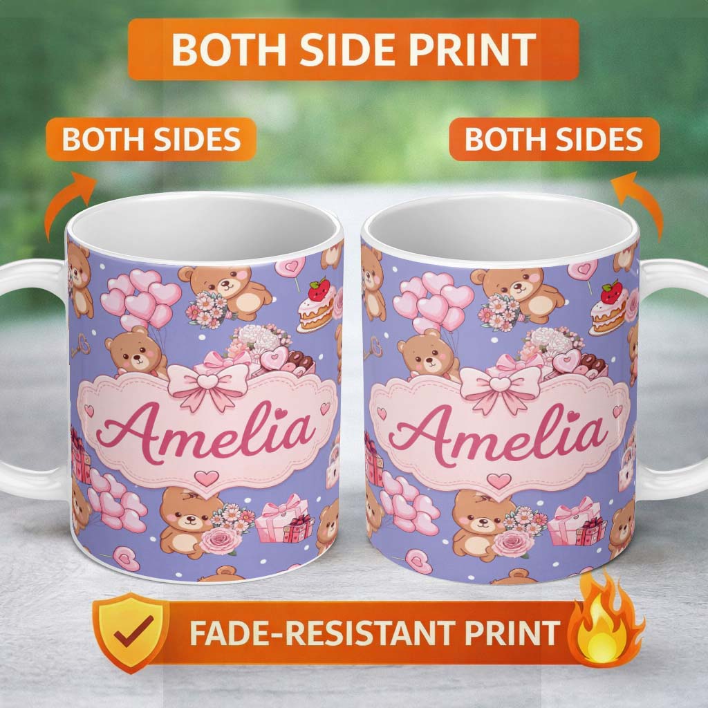 Personalized Custom Name Cute Teddy Bear Hearts Gifts Chocolates Valentine Seamless Pattern 11oz Ceramic Coffee Tea Mug White Large Handle