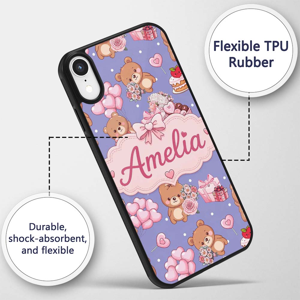 Cute Teddy Bear Hearts Gifts Chocolates Valentine Custom Name Protective Phone Case Mobile Cover Durable Everyday Smartphone Shock Resistant