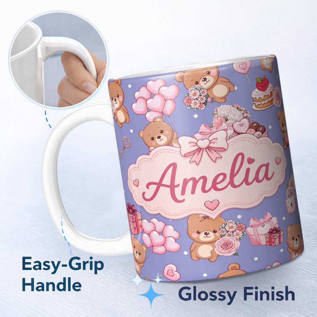 Personalized Custom Name Cute Teddy Bear Hearts Gifts Chocolates Valentine Seamless Pattern 11oz Ceramic Coffee Tea Mug White Large Handle