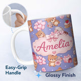 Personalized Custom Name Cute Teddy Bear Hearts Gifts Chocolates Valentine Seamless Pattern 11oz Ceramic Coffee Tea Mug White Large Handle