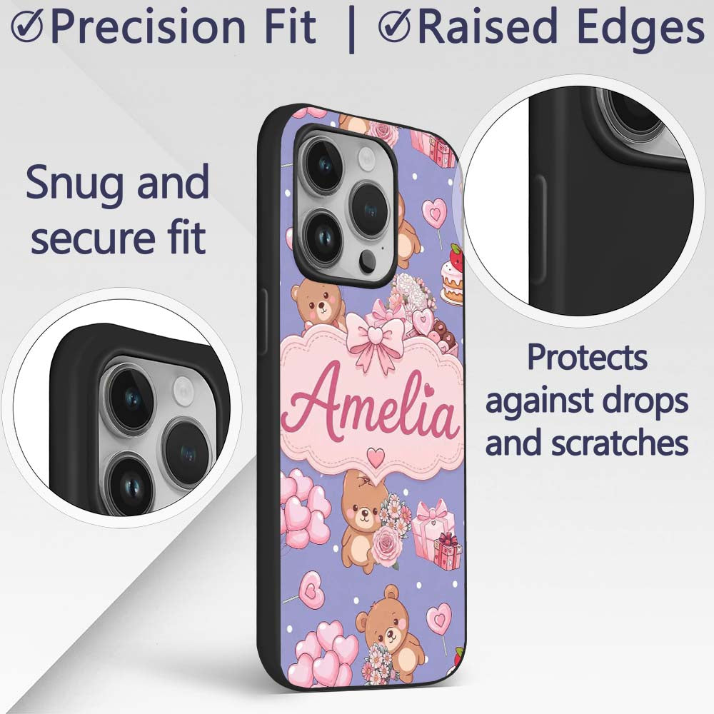 Cute Teddy Bear Hearts Gifts Chocolates Valentine Custom Name Protective Phone Case Mobile Cover Durable Everyday Smartphone Shock Resistant