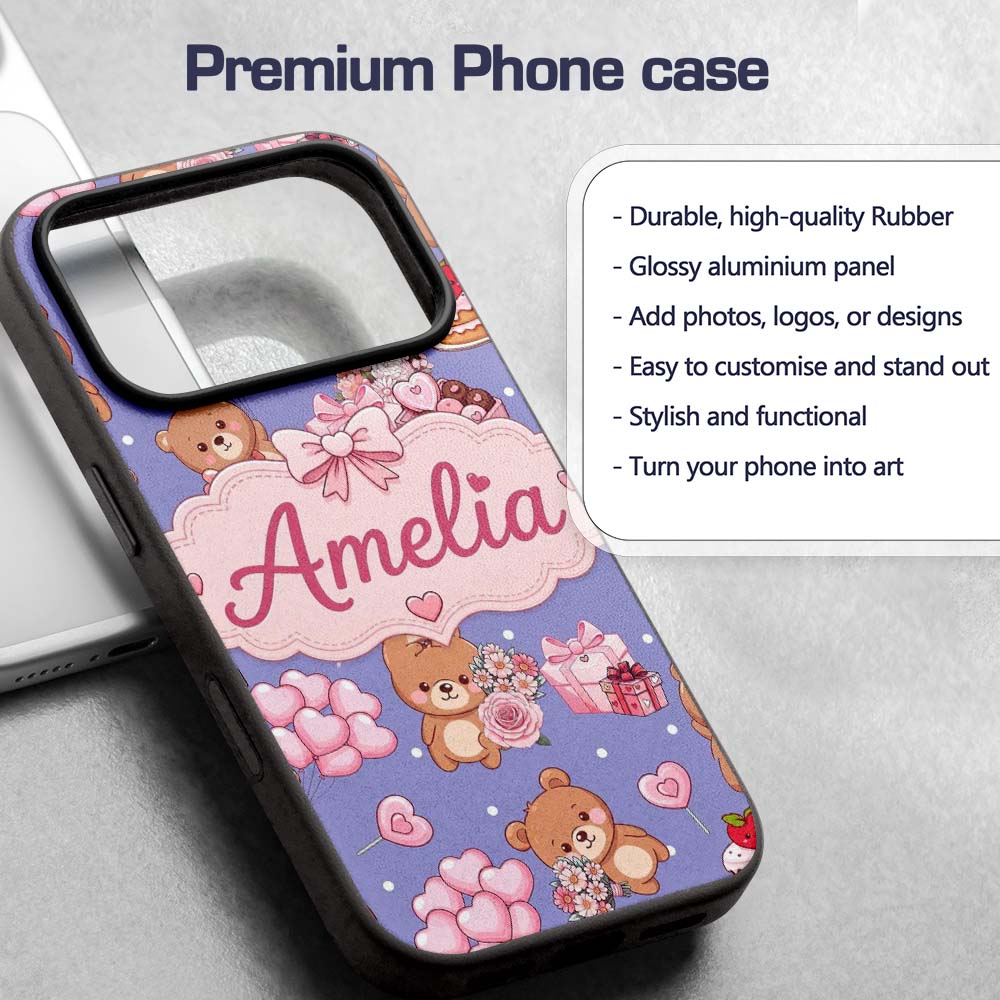 Cute Teddy Bear Hearts Gifts Chocolates Valentine Custom Name Protective Phone Case Mobile Cover Durable Everyday Smartphone Shock Resistant