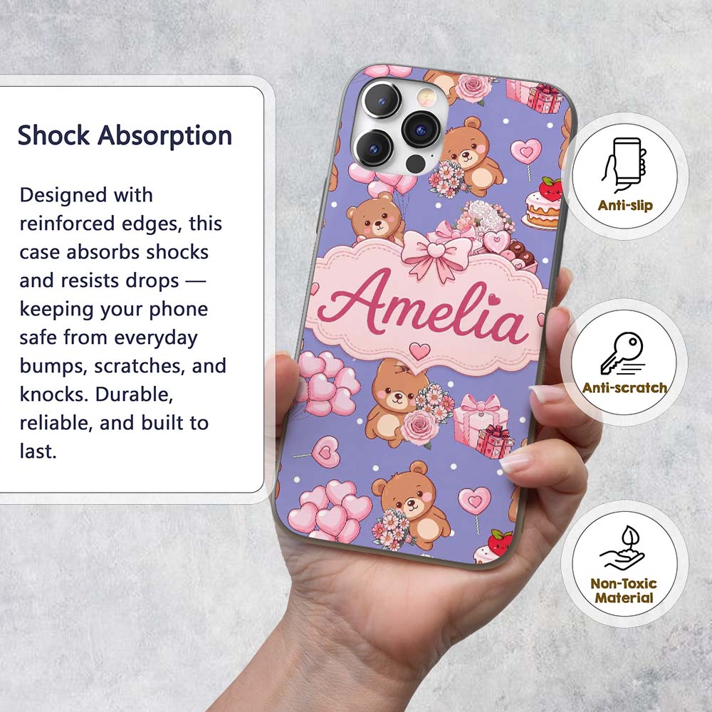 Cute Teddy Bear Hearts Gifts Chocolates Valentine Custom Name Protective Phone Case Mobile Cover Durable Everyday Smartphone Shock Resistant