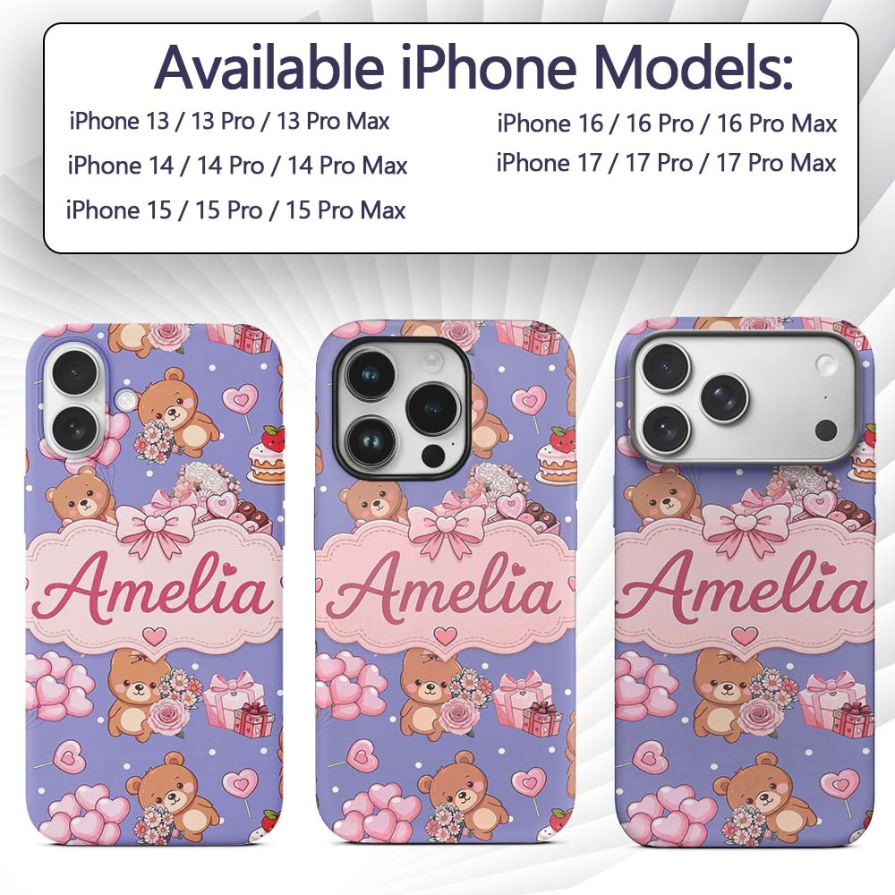 Cute Teddy Bear Hearts Gifts Chocolates Valentine Custom Name Protective Phone Case Mobile Cover Durable Everyday Smartphone Shock Resistant