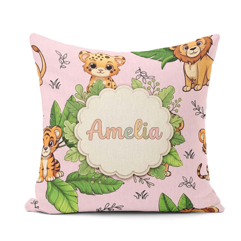 Custom Name Cute Jungle Animals Lion Tiger Soft Beige Background Square Filled Cushion Throw Pillow Sofa Bed Home Decor Zip Washable UK Made